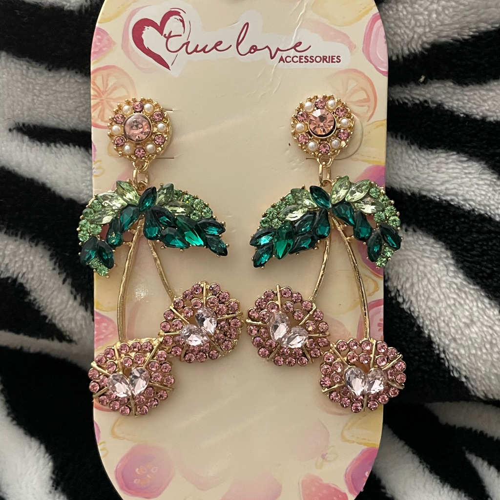 Pink And Green Crystal Cherry Drop Earrings